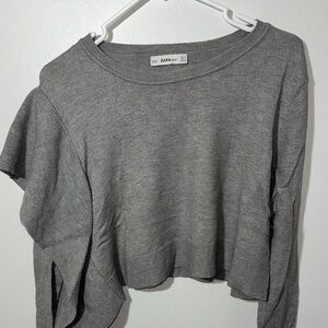 Zara Cropped Gray Side Ruffle Sweater Size Small